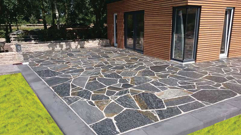 Crazy Pave Tiles Santorini with Bluestone Bullnose Pavers